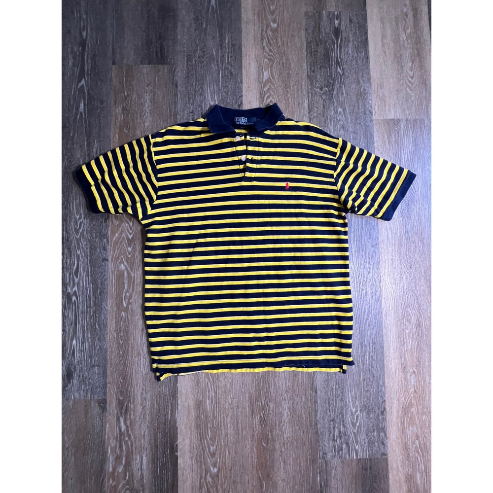 Polo Ralph Lauren Polo Shirt Mens XL Navy Yellow Excellent Striped Short Sleeve‎